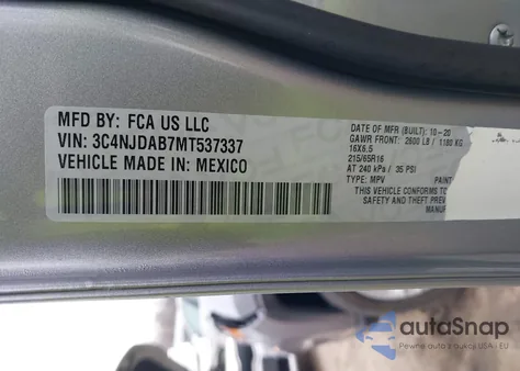 2021 Jeep Compass Sport 4X4 z USA, uszkodzony, nr VIN 3C4NJDAB7MT537337